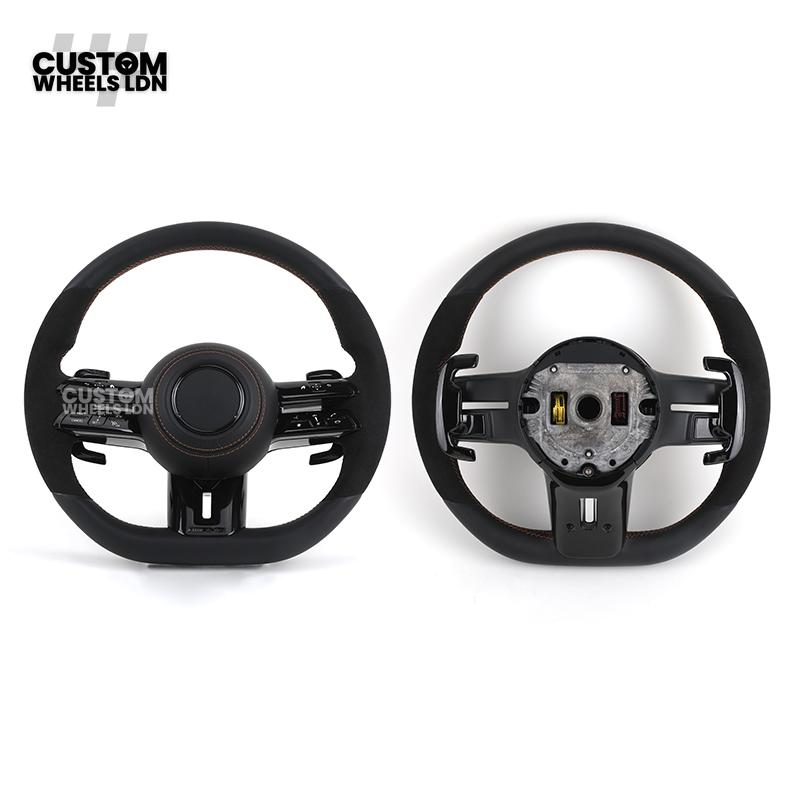 Mercedes Custom W223 AMG Flat Bottom Steering Wheel – Black Leather & Alcantara, Tan Stitching, Gloss Black Trim, Black Badge, Touch Buttons | Fits GLE, GLS, G-Class, W223, S-Class + more | Plug & Play | With Airbag | Upgrade for older models available