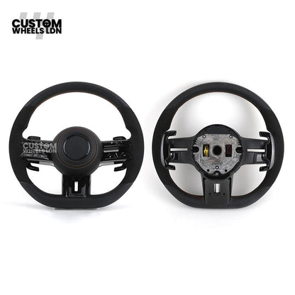 Mercedes Custom W223 AMG Flat Bottom Steering Wheel – Black Leather & Alcantara, Tan Stitching, Gloss Black Trim, Black Badge, Touch Buttons | Fits GLE, GLS, G-Class, W223, S-Class + more | Plug & Play | With Airbag | Upgrade for older models available