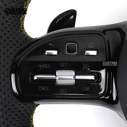 Mercedes Custom AMG Flat Bottom Steering Wheel – Black Leather, Yellow Stitching & Stripe, Piano Black Trim, Touch Control Buttons, AMG Badge | Fits C-Class, E-Class, CLS, GLC, GLE, G-Class + more | Plug & Play | Retrofit Upgrade for Older Models