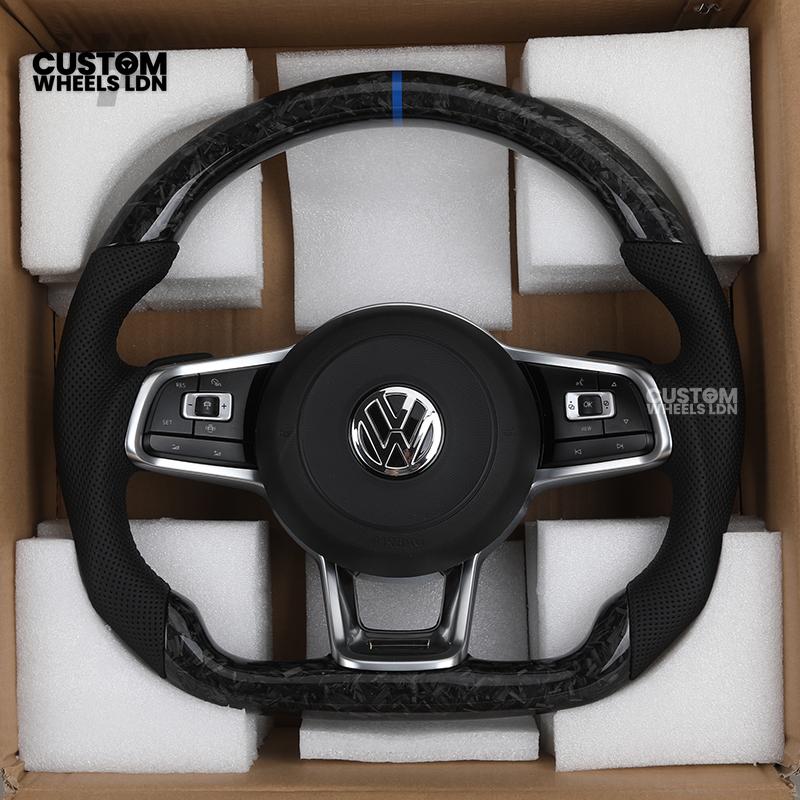 Volkswagen MK7 Custom Steering Wheel – Forged Carbon with Blue Centre Stripe & Perforated Leather Grips | Fits Golf GTI, R, Scirocco + more | Plug & Play Upgrade