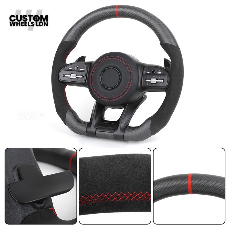 Mercedes Custom AMG Steering Wheel Flat Bottom Alcantara + Satin Carbon | Red Stitching & Marker | Complete Retrofit | Fits C-Class, E-Class, GLC, CLA, GLS, W205, W213, W222 + more