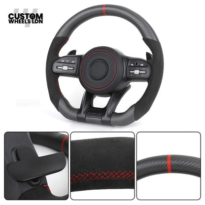 Mercedes Custom AMG Steering Wheel Flat Bottom Alcantara + Satin Carbon | Red Stitching & Marker | Complete Retrofit | Fits C-Class, E-Class, GLC, CLA, GLS, W205, W213, W222 + more