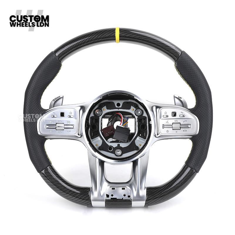 Mercedes Custom AMG Steering Wheel Carbon & Black Leather | Yellow Racing Stripe | AMG Style | Paddle Shifters | Complete Retrofit | Fits A-Class, C-Class, E-Class, GLC, CLA, W176, W205 + more