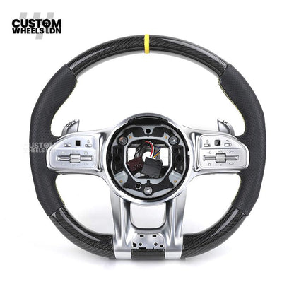 Mercedes Custom AMG Steering Wheel Carbon & Black Leather | Yellow Racing Stripe | AMG Style | Paddle Shifters | Complete Retrofit | Fits A-Class, C-Class, E-Class, GLC, CLA, W176, W205 + more