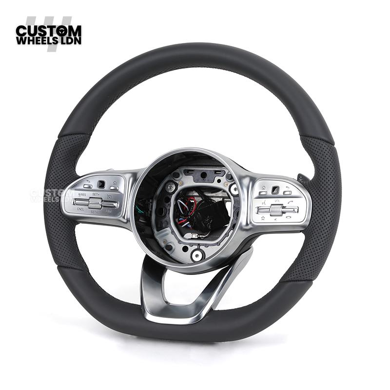 Mercedes Custom Steering Wheel – Satin Silver Spokes, Perforated Leather Grip, Flat Bottom Design | Complete Wheel with Airbag | Plug & Play | Retrofit for Older Models | Fits C-Class, E-Class, GLC, W205, W213, CLA + more