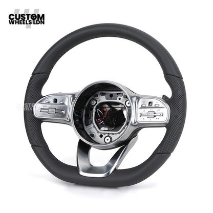 Mercedes Custom Steering Wheel – Satin Silver Spokes, Perforated Leather Grip, Flat Bottom Design | Complete Wheel with Airbag | Plug & Play | Retrofit for Older Models | Fits C-Class, E-Class, GLC, W205, W213, CLA + more