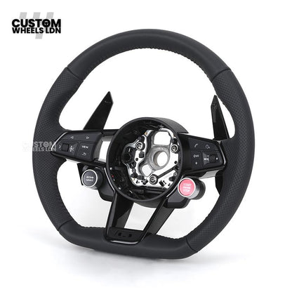 Audi Custom R8-Style Flat Bottom Steering Wheel – Black Leather, Black Stitching, Gloss Black Paddles, Start Button | Fits A4, A5, S5, A6, A7, S6, S7, Q5, SQ5 + more | Plug & Play | With Airbag | Upgrade for Older Models Available