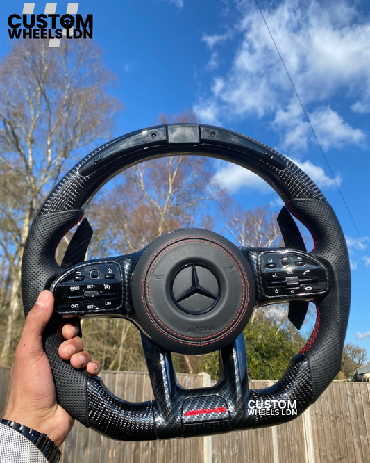 Mercedes Custom AMG Flat Bottom Steering Wheel – Black Leather & Carbon Fiber, Red Stitching, Touch Buttons, LED Display, Carbon Paddles, Red AMG | Fits C-Class, E-Class, CLS, GLC, GLE, G-Class + more | Plug & Play | Retrofit Upgrade For Older Models