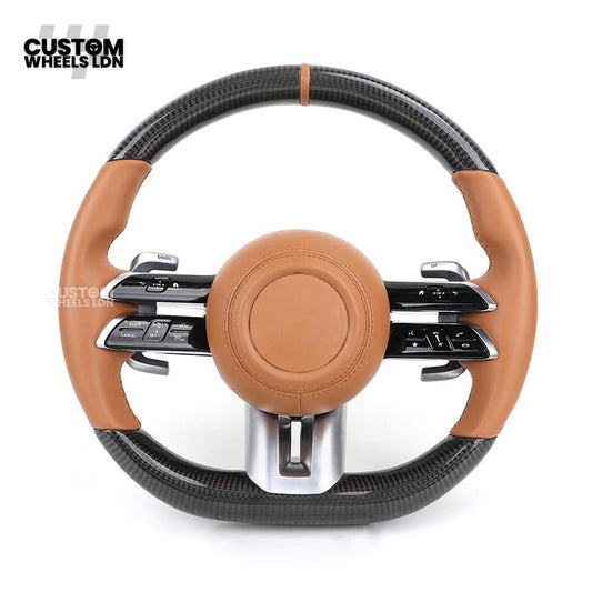 Mercedes Custom AMG Flat Bottom Steering Wheel – Brown Leather & Carbon Fibre, Tan Centre Stripe, Gloss Black Trim, Touch Control Buttons, Silver Paddles | Fits C-Class, E-Class, CLS, GLC, GLE, G-Class + more | Plug & Play | With Airbag | Retrofit Upgrade