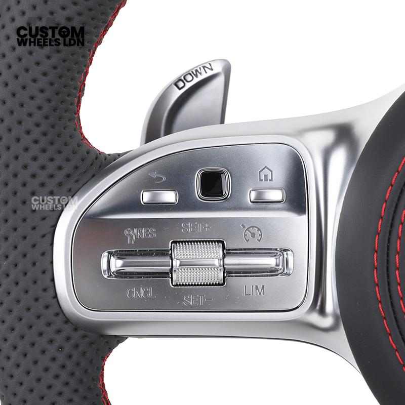 Mercedes Custom AMG Flat Bottom Steering Wheel – Black Leather, Red Stitching, Red Stripe, Silver Trim, Touch Buttons, Silver Paddles, AMG Badge | Fits C-Class, E-Class, CLS, GLC, GLE, G-Class + more | Plug & Play | Retrofit Upgrade for Older Models