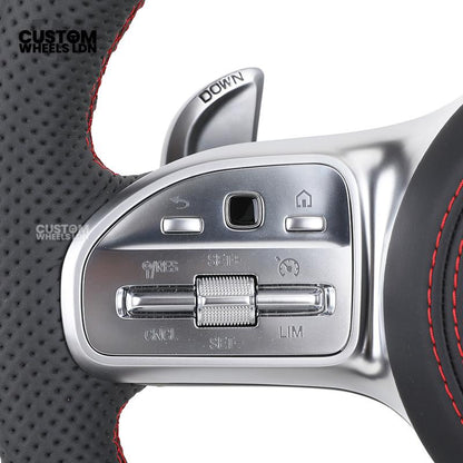 Mercedes Custom AMG Flat Bottom Steering Wheel – Black Leather, Red Stitching, Red Stripe, Silver Trim, Touch Buttons, Silver Paddles, AMG Badge | Fits C-Class, E-Class, CLS, GLC, GLE, G-Class + more | Plug & Play | Retrofit Upgrade for Older Models