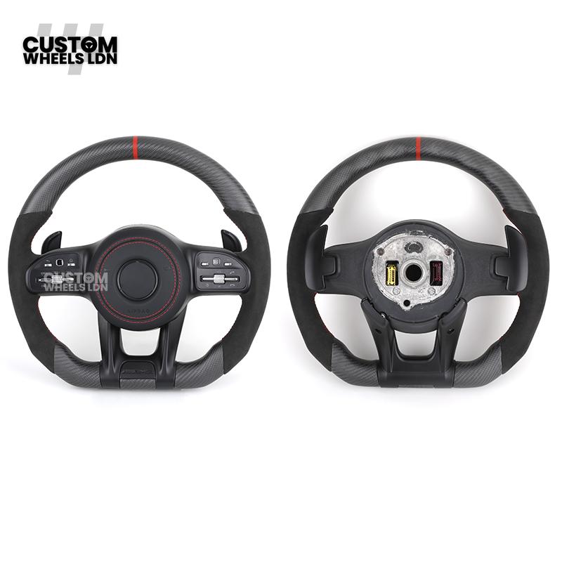 Mercedes Custom AMG Steering Wheel Flat Bottom Alcantara + Satin Carbon | Red Stitching & Marker | Complete Retrofit | Fits C-Class, E-Class, GLC, CLA, GLS, W205, W213, W222 + more