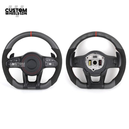 Mercedes Custom AMG Steering Wheel Flat Bottom Alcantara + Satin Carbon | Red Stitching & Marker | Complete Retrofit | Fits C-Class, E-Class, GLC, CLA, GLS, W205, W213, W222 + more