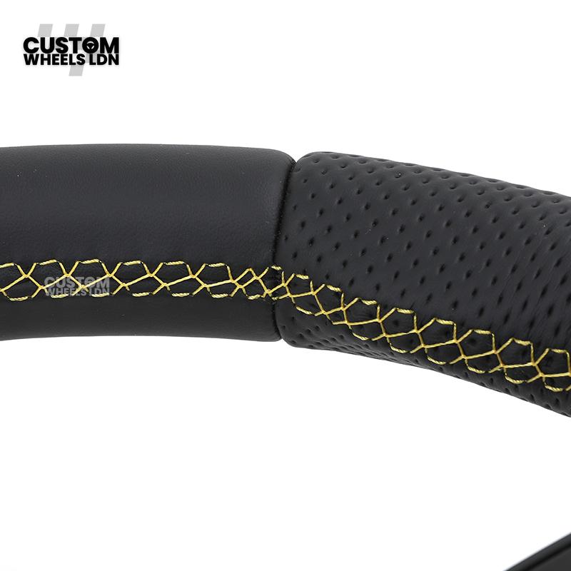 Mercedes Custom AMG Flat Bottom Steering Wheel – Black Leather, Yellow Stitching & Stripe, Piano Black Trim, Touch Control Buttons, AMG Badge | Fits C-Class, E-Class, CLS, GLC, GLE, G-Class + more | Plug & Play | Retrofit Upgrade for Older Models