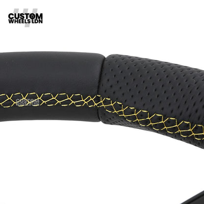 Mercedes Custom AMG Flat Bottom Steering Wheel – Black Leather, Yellow Stitching & Stripe, Piano Black Trim, Touch Control Buttons, AMG Badge | Fits C-Class, E-Class, CLS, GLC, GLE, G-Class + more | Plug & Play | Retrofit Upgrade for Older Models