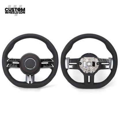 Mercedes Custom W223 Flat Bottom Steering Wheel – Black Leather, Tan Stitching, Silver Trim, Touch Control Buttons | Fits S-Class W223, GLE, GLS, E-Class W213 Facelift + more | Plug & Play | With Airbag | Retrofit Upgrade for Older Models Available