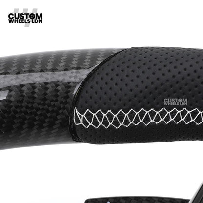 Mercedes Custom AMG Steering Wheel Carbon Fibre & Piano Black | White Stitching | AMG Style | Paddle Shifters | Complete Retrofit | Fits W205, W176, W213, A-Class, C-Class, CLA + more