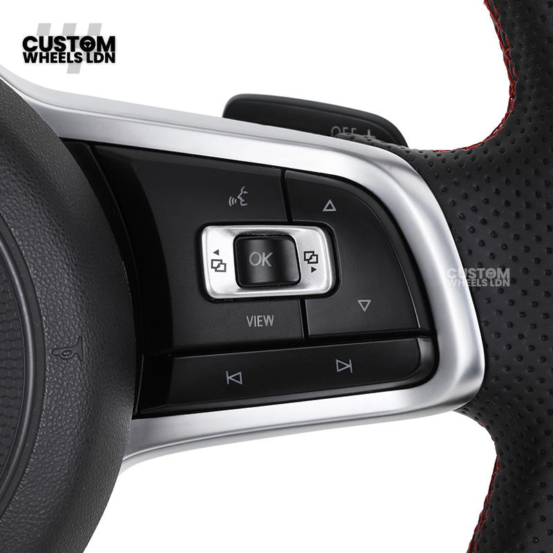 Volkswagen Custom Steering Wheel – Alcantara Top & Bottom, Perforated Leather Grips, Red Stripe, Flat Bottom, OEM Buttons | Fits Golf MK7/7.5, GTI, R, Polo + more | Plug & Play Upgrade