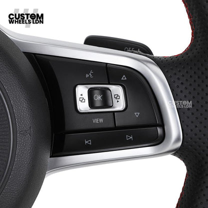 Volkswagen Custom Steering Wheel – Alcantara Top & Bottom, Perforated Leather Grips, Red Stripe, Flat Bottom, OEM Buttons | Fits Golf MK7/7.5, GTI, R, Polo + more | Plug & Play Upgrade