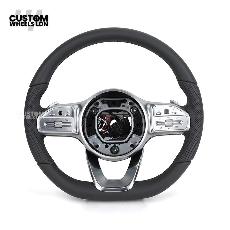 Mercedes Custom Steering Wheel – Satin Silver Spokes, Perforated Leather Grip, Flat Bottom Design | Complete Wheel with Airbag | Plug & Play | Retrofit for Older Models | Fits C-Class, E-Class, GLC, W205, W213, CLA + more