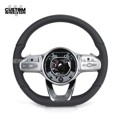 Mercedes Custom Steering Wheel – Satin Silver Spokes, Perforated Leather Grip, Flat Bottom Design | Complete Wheel with Airbag | Plug & Play | Retrofit for Older Models | Fits C-Class, E-Class, GLC, W205, W213, CLA + more