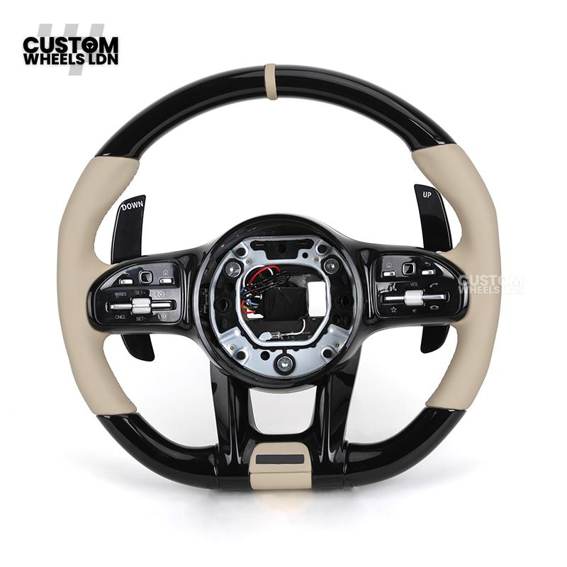Mercedes Custom Steering Wheel | AMG Style Piano Black with Beige Leather & Stripe | Silver Paddles | Complete Retrofit for Older Models | Fits W205 W204 W212 W213 W218 W207 + more