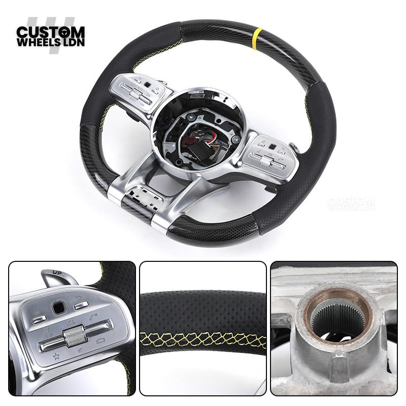Mercedes Custom AMG Steering Wheel Carbon & Black Leather | Yellow Racing Stripe | AMG Style | Paddle Shifters | Complete Retrofit | Fits A-Class, C-Class, E-Class, GLC, CLA, W176, W205 + more