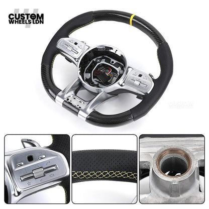 Mercedes Custom AMG Steering Wheel Carbon & Black Leather | Yellow Racing Stripe | AMG Style | Paddle Shifters | Complete Retrofit | Fits A-Class, C-Class, E-Class, GLC, CLA, W176, W205 + more