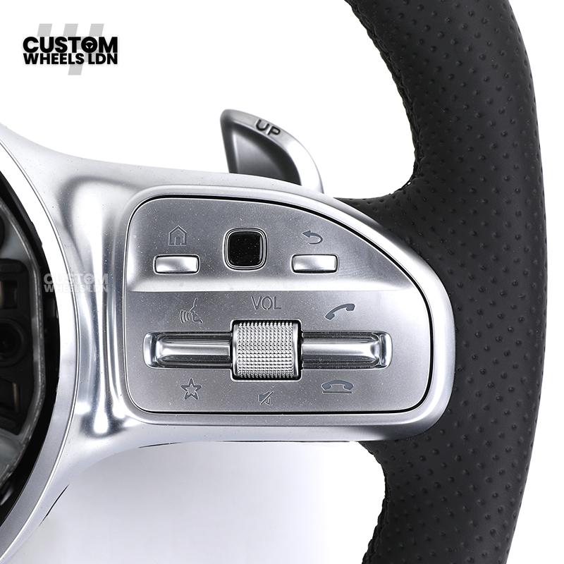 Mercedes Custom AMG Flat Bottom Steering Wheel – Full Black Leather, Black Stripe, Silver Trim, Touch Control Buttons, Silver Paddles, AMG Badge | Fits C-Class, E-Class, CLS, GLC, GLE, G-Class + more | Plug & Play | Retrofit Upgrade for Older Models
