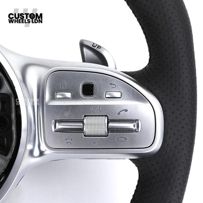 Mercedes Custom AMG Flat Bottom Steering Wheel – Full Black Leather, Black Stripe, Silver Trim, Touch Control Buttons, Silver Paddles, AMG Badge | Fits C-Class, E-Class, CLS, GLC, GLE, G-Class + more | Plug & Play | Retrofit Upgrade for Older Models