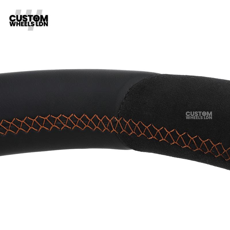 Mercedes Custom W223 AMG Flat Bottom Steering Wheel – Black Leather & Alcantara, Tan Stitching, Gloss Black Trim, Black Badge, Touch Buttons | Fits GLE, GLS, G-Class, W223, S-Class + more | Plug & Play | With Airbag | Upgrade for older models available