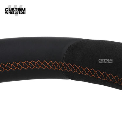 Mercedes Custom W223 AMG Flat Bottom Steering Wheel – Black Leather & Alcantara, Tan Stitching, Gloss Black Trim, Black Badge, Touch Buttons | Fits GLE, GLS, G-Class, W223, S-Class + more | Plug & Play | With Airbag | Upgrade for older models available
