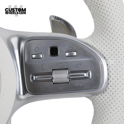 Mercedes Custom AMG Flat Bottom Steering Wheel – White Leather, Perforated Sides, Silver AMG Trim, Touch Buttons & Silver Paddles | Fits W205 C-Class, W213 E-Class, GLC, GLE, CLS + more | Plug & Play |  Airbag | Retrofit Upgrade for Older Model Available
