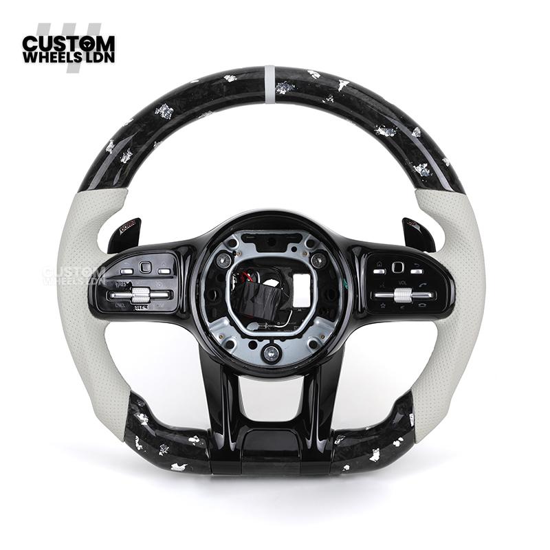 Mercedes Custom AMG Flat Bottom Steering Wheel – White Leather & White Flake Forged Carbon, White Stripe, Black Trim, Touch Control Buttons, AMG Badge | Fits C-Class, E-Class, CLS, GLC, GLE, G-Class + more | Plug & Play | Retrofit Upgrade for Older Models