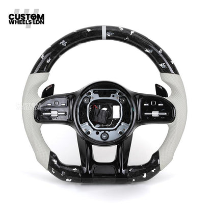 Mercedes Custom AMG Flat Bottom Steering Wheel – White Leather & White Flake Forged Carbon, White Stripe, Black Trim, Touch Control Buttons, AMG Badge | Fits C-Class, E-Class, CLS, GLC, GLE, G-Class + more | Plug & Play | Retrofit Upgrade for Older Models