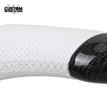 BMW Custom Carbon Fibre Steering Wheel – White Perforated Leather | M-Stripe Marker | Plug & Play | Fits older models