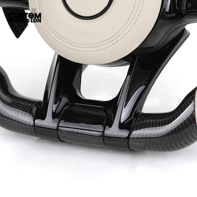 Mercedes Custom Steering Wheel | Piano Black & Carbon Fibre with Cream Leather & Beige Stripe | AMG Style | Complete Retrofit | Fits W205 W204 W212 W213 W218 + more