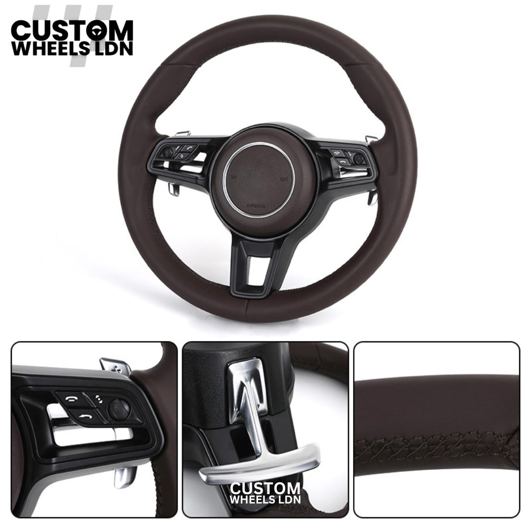 Porsche Custom Brown Full Leather Steering Wheel - Fits Most Models: 911, Cayenne, Panamera, Macan, Boxter, Taycan & More
