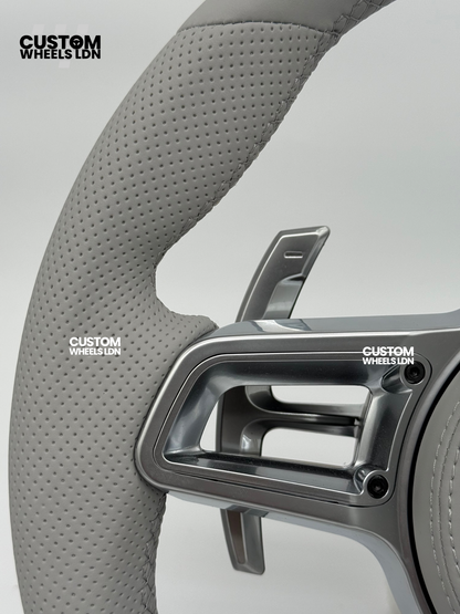 Porsche Custom OEM Round Steering Wheel – Full Grey Leather, Perforated Grips, Silver Trims, OEM Paddles | Fits 997.1, 997.2, 991.1, 981, 718 Cayman/Boxster, Panamera, Cayenne + more | Plug & Play | Upgrade for Older Models Available