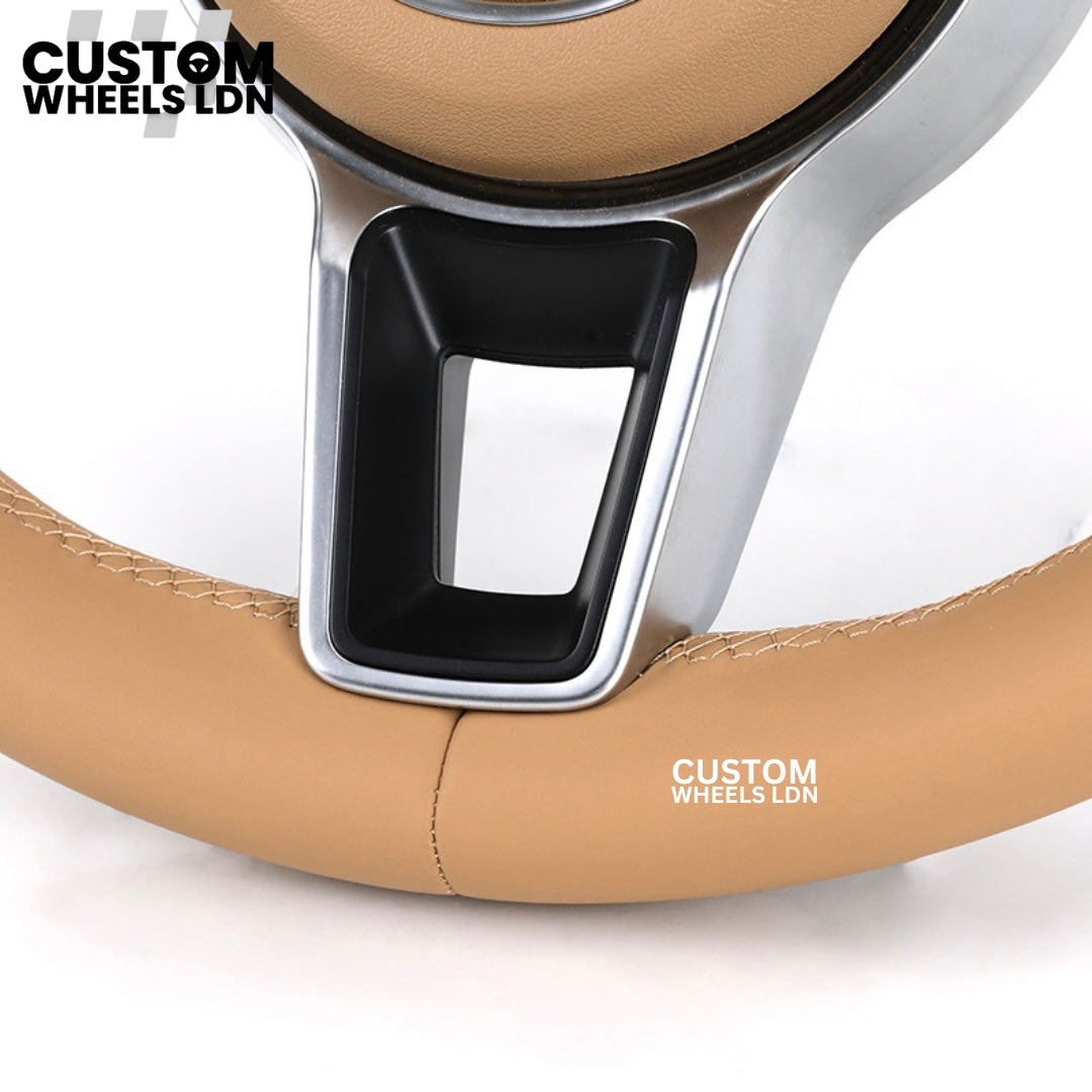 Porsche Custom Beige Full Leather Steering Wheel - Fits Most Models: 911, Cayenne, Panamera, Macan, Boxter, Taycan & More