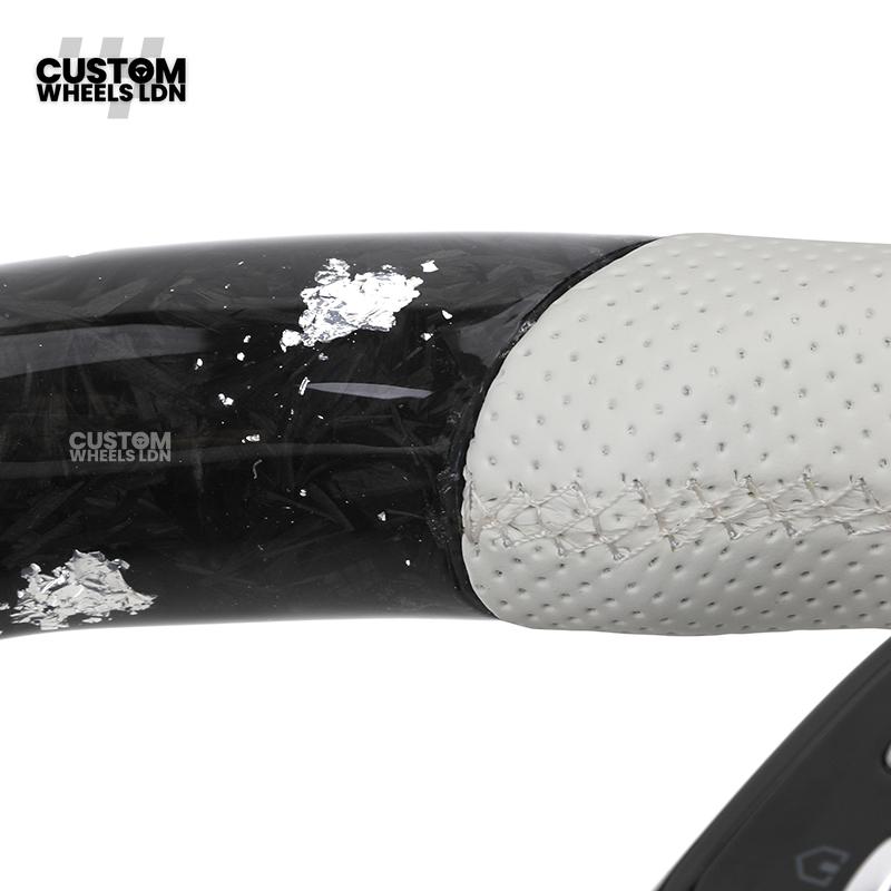 Mercedes Custom AMG Flat Bottom Steering Wheel – White Leather & White Flake Forged Carbon, White Stripe, Black Trim, Touch Control Buttons, AMG Badge | Fits C-Class, E-Class, CLS, GLC, GLE, G-Class + more | Plug & Play | Retrofit Upgrade for Older Models
