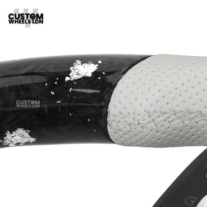 Mercedes Custom AMG Flat Bottom Steering Wheel – White Leather & White Flake Forged Carbon, White Stripe, Black Trim, Touch Control Buttons, AMG Badge | Fits C-Class, E-Class, CLS, GLC, GLE, G-Class + more | Plug & Play | Retrofit Upgrade for Older Models
