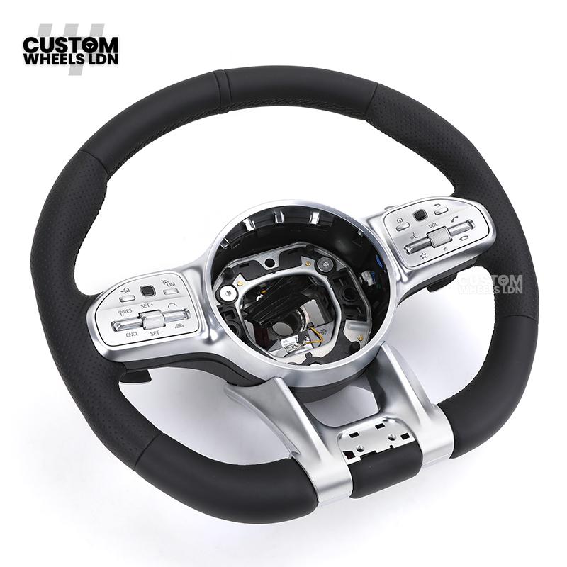 Mercedes Custom AMG Flat Bottom Steering Wheel – Full Black Leather, Black Stripe, Silver Trim, Touch Control Buttons, Silver Paddles, AMG Badge | Fits C-Class, E-Class, CLS, GLC, GLE, G-Class + more | Plug & Play | Retrofit Upgrade for Older Models