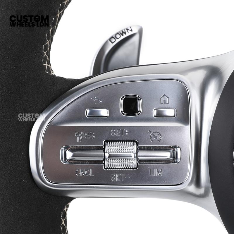 Mercedes Custom AMG Flat Bottom Steering Wheel – Black Leather & Alcantara, White Stripe, Silver Trim, Touch Control Buttons, Silver Paddles | Fits C-Class, E-Class, CLS, GLC, GLE, G-Class + more | Plug & Play | Retrofit Upgrade for Older Models