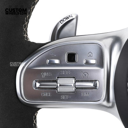 Mercedes Custom AMG Flat Bottom Steering Wheel – Black Leather & Alcantara, White Stripe, Silver Trim, Touch Control Buttons, Silver Paddles | Fits C-Class, E-Class, CLS, GLC, GLE, G-Class + more | Plug & Play | Retrofit Upgrade for Older Models