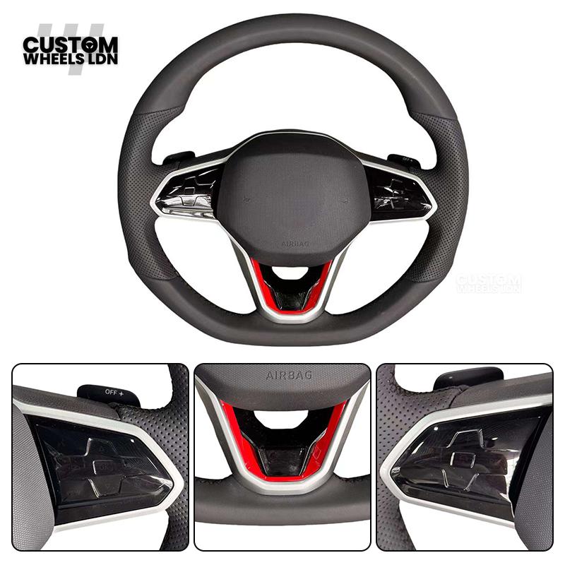 VW MK8 Golf Custom Steering Wheel with Red Trim | Fits GTI, R, R-Line + more | Complete Plug & Play