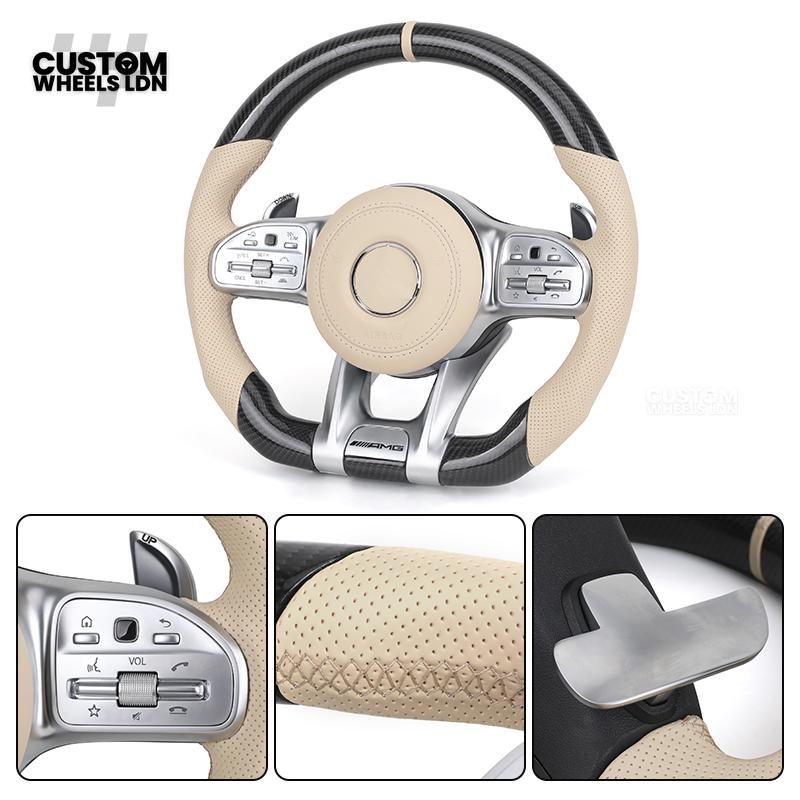 Mercedes Custom Steering Wheel | AMG Style Carbon Fibre with Beige Leather & Stripe | Silver Paddles | Complete Retrofit for Older Models | Fits W205 W204 W212 W213 W218 W207 + more