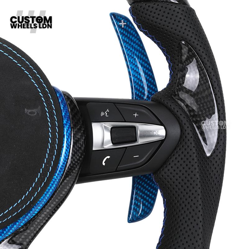 BMW Custom Carbon Fibre Steering Wheel – Blue Trim & Paddles | M Performance | Perforated Leather | Plug & Play | Fits F20, F22, F30, F32, F36, M2, M3, M4, X1, X2 + more