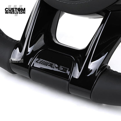 rcedes Custom AMG Flat Bottom Steering Wheel – Full Black Leather, Piano Black Trim, Touch Control Buttons, AMG Badge | Fits C-Class, E-Class, CLS, GLC, GLE, G-Class + more | Plug & Play | Retrofit Upgrade for Older Models