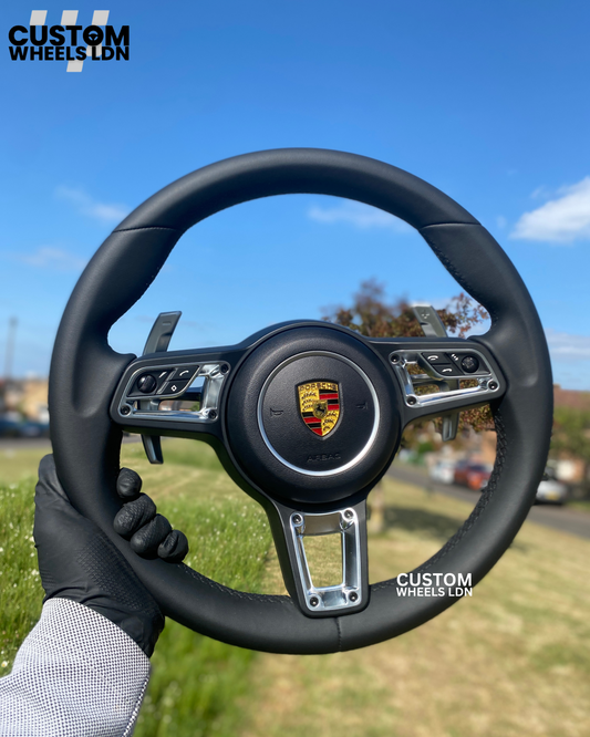 Porsche Custom Steering Wheel – Black Smooth Leather with Chrome Trim | Fits 991, 997, 981, Panamera, Cayenne + more (2000+ Plug & Play | PDK/Tiptronic)